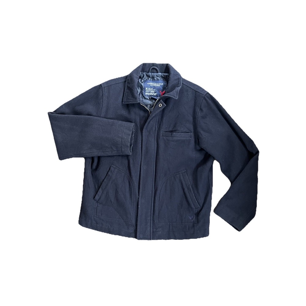 American Eagle Wool‎ Bomber Jacket Mens Large Black Heavy Insulated Zip Snap